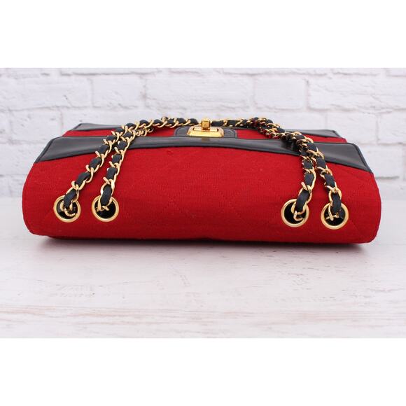 Chanel Double Chain Shoulder Bag Quilted Red Jersey Handbag Leather A4033 - Picture 11 of 12